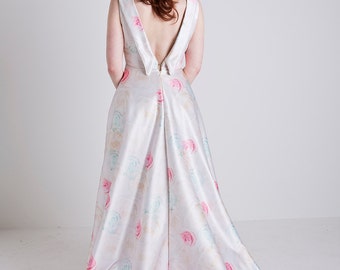 SALE Size 8, Pastel floral duchess satin wedding / evening gown, with high low hem & a train, featuring a gorgeous deep v-back and collar.