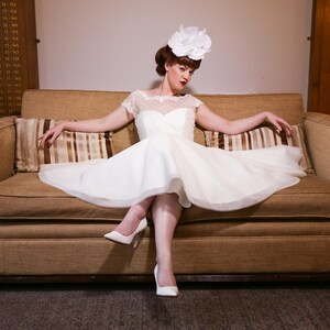 Ivory polka dot and tulle tea length 50s style wedding dress image 4