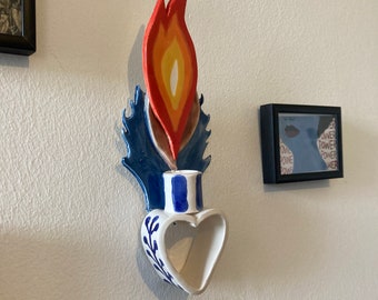 Milagro Flaming Heart Hand Made Hand Painted Ceramic Wall Altar Charm by Ciara Veronica Dunne 24.5 x 8.5 x 3.5 cm