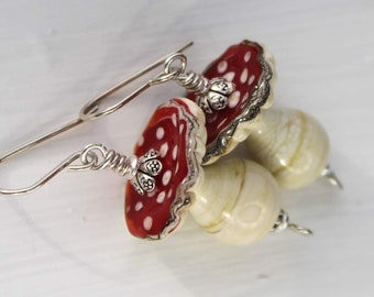 Mushroom Earrings, Shroomies, Lampwork Glass Earrings, Glass Mushroom Earrings, Oaak Earrings, Handmade Jewelry, Glass Beads, Red Mushroom