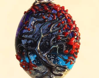 Ciondolo paesaggio, perlina di vetro, ciondolo paesaggio in vetro fatto a mano, gioielli ispirati alla natura, gioielli artigianali, vetro artigianale, albero della vita, perlina