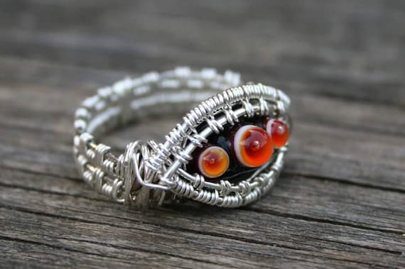 Handmade Glass and Sterling Silver Wire Wrapped Ring, Size
