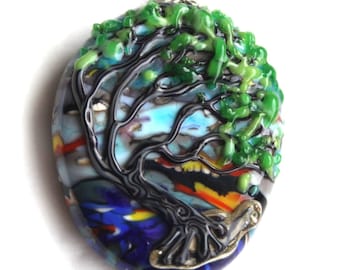 Ciondolo paesaggio, perlina di vetro, ciondolo paesaggio in vetro fatto a mano, gioielli ispirati alla natura, vetro artigianale canadese, albero della vita, perlina