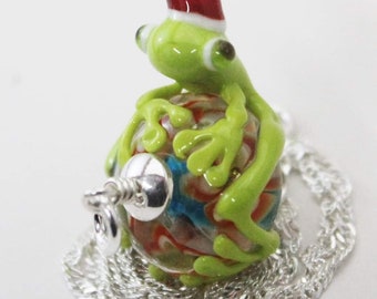 Lampwork Glass Tree Frog Pendant, Green Frog Necklace, Frog Jewelry, Lampwork Glass Beads, Orange Frog, Handmade Glass Beads, Sterling