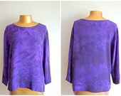 80s Purple Silk Blouse / Vintage Long Sleeve 1980s Crinkled Silk Top / Slouchy Fit / Womens Size Large
