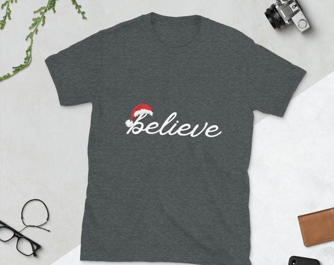 Believe Christmas Tee T-shirt Shirt Family Santa Short Sleeve Tee Christmas Present Gift Party