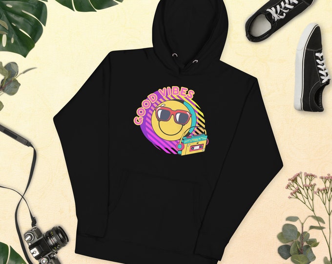 Good Vibes 80"s Retro Hoodie, 80's Nostalgia Pullover, Funny Shirt, 80's Apparel, 80s Lover Hoodie, 80's Party Hooded Sweatshirt, 80's Kid