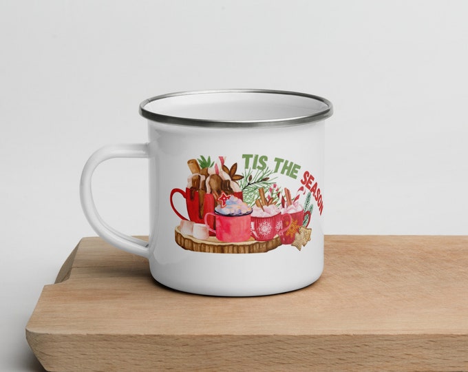 Tis the Season Enamel Christmas Mug, Christmas Coffee Cup, Christmas Tea Cup, Christmas Coco Mug,