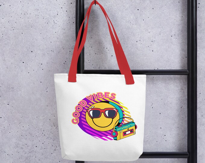 Good Vibes 80"s Retro Tote Bag, 80's Nostalgia Tote Bag, Good Vibe Reusable Bag, 80's Apparel, 80s Lover Bag, 80's Party Bag, 80's Kid
