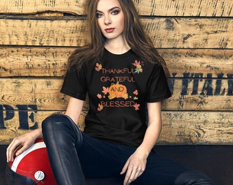 Thankful Grateful Blessed Shirts Women Thanksgiving Pumpkin T-Shirt Graphic Fall Tshirts