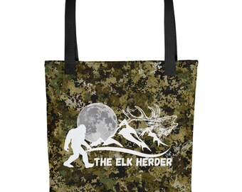 The Elk Herder Bigfoot Tote Bag, Sasquatch Tote Bag, Funny Bigfoot Tote Bag, Hiking Tote, Yeti Sweat Tote Bag, Hunting Tote Bag