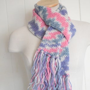 Knit Tube Infinity Scarf with Fringe  ~ Pink Blue and White    ~OOAK Knit Scarf ~Gift for Her ~ Gift for Teen *Super Soft*