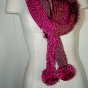 Knit Pink Scarf with Pom Poms ~ Shades of Pink and Wine ~ Skinny Scarf ~ Teen Scarf Super Soft and Very Warm ~ OOAK Gift for Her