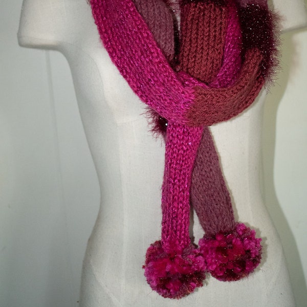 Knit Pink Scarf with Pom Poms ~ Shades of Pink and Wine ~ Skinny Scarf ~ Teen Scarf Super Soft and Very Warm ~ OOAK Gift for Her