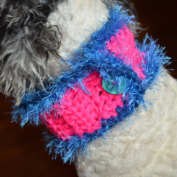 Dog Scarf/Cowl  Crochet in Chunky Pink and Blue Yarn with Oversized Aqua  Button Size Medium