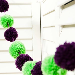 Pom Pom Garland Green and Purple (9) 2 inch Pom Poms Measures 35&quot;  Pom Banner - Pom Pom Garland -  Party Decoration- Nursery Decoration
