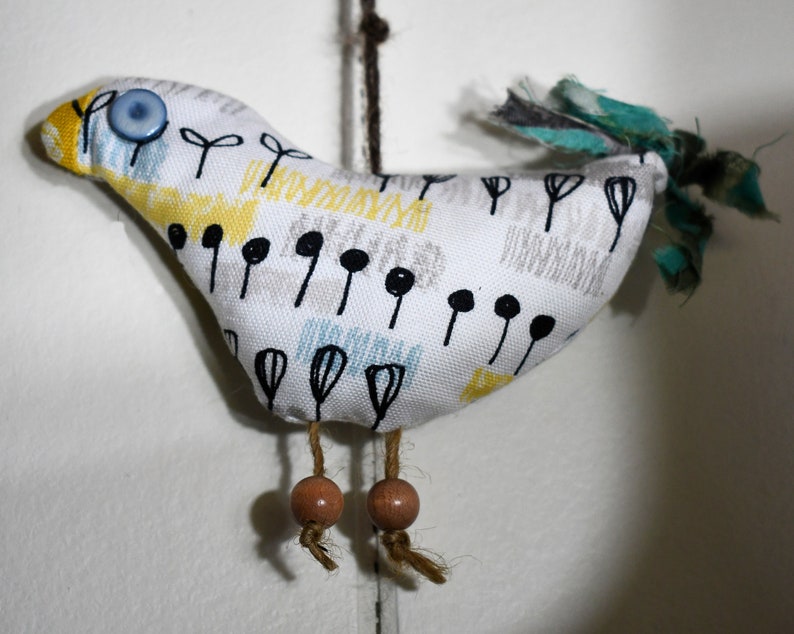 Shabby Fabric Bird Ornie Bird Orniment 6 12 x 3 Ornie Bird Bowl Filler Yellow Black Blue and White