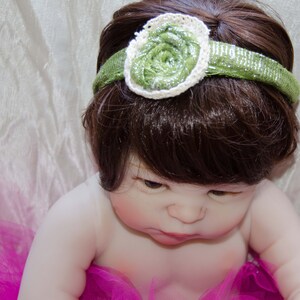 Newborn to Adult Shabby Chick Hair Tie Frayed Headband Green Frayed Ribbon and Ivory Doily