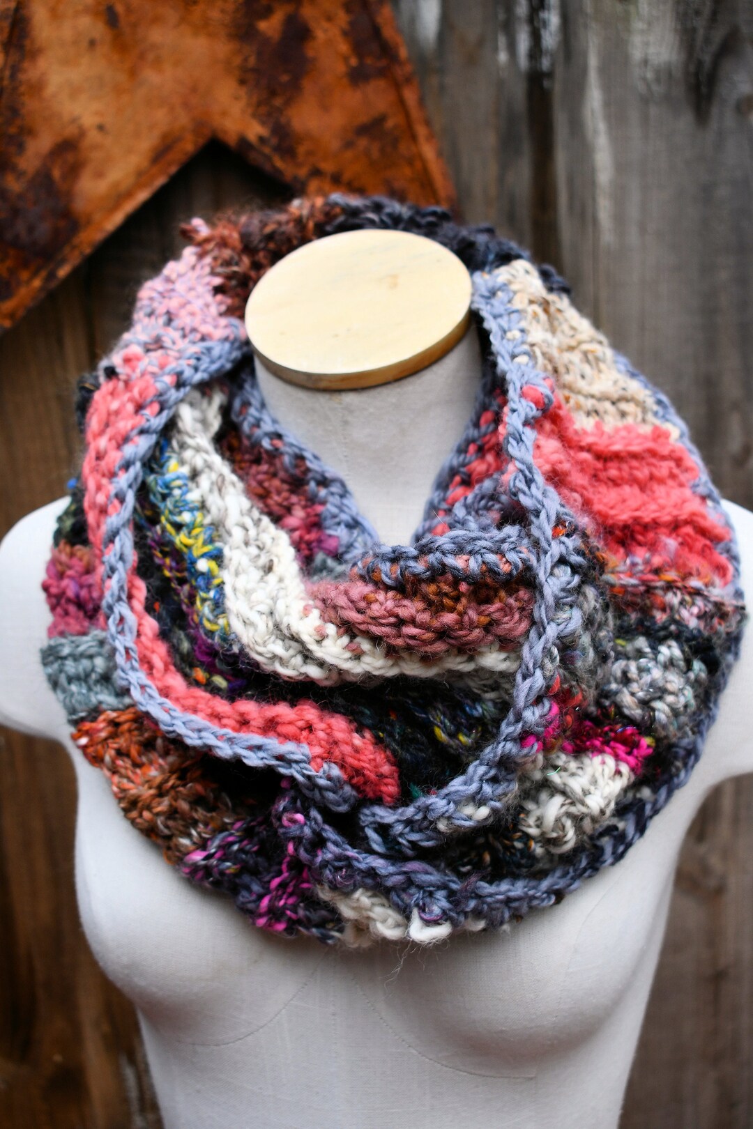 Chunky Knit Infinity Scarf With Hand Spun Yarn and Dyed Very Warm, OOAK ...