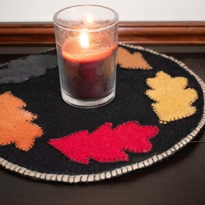 Primitive Felted Wool Penny Rug, Fall Leaves on Black Wool Candle Mat, Primative Folk Penny Rug, Felted Wool Trivet