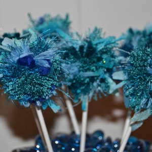 6 Cupcake Toppers Aqua and Turquise Confetti - Party Decorations - Cupcake Decoration - Cake Topper PomPom measures 2.5 to 3 inches
