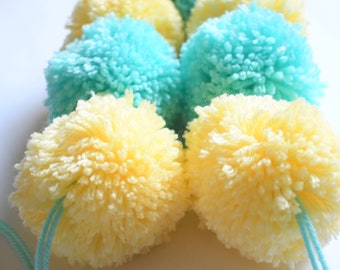 Pompom Garland *-* Aqua and Yellow Pompoms *-*  Party Pompom Garland  / Nursery Garland - 3 inch  Pompoms 7 Total