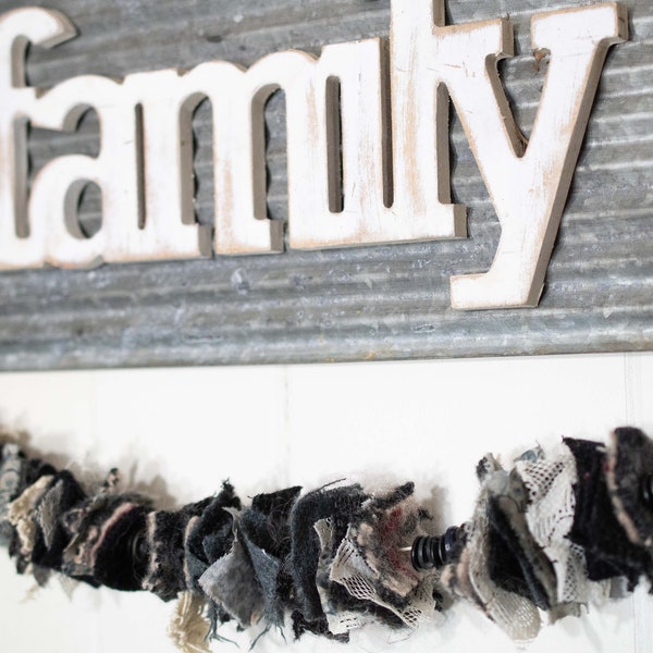 Primitive Wool Scrap Garland with Vintage Buttons, Felted Wool and Reclamed  Vintage Lace Measures 35" Black and Ivory