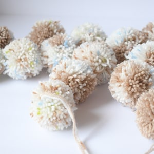 Pom Pom Garland Tan White Blue and Green  (14)  2 inch Pom Poms  -Party Pom Pom Garland - Photo Prop -Birthday Garland