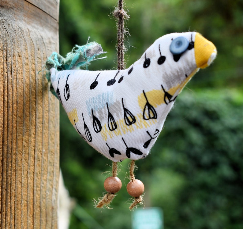 Shabby Fabric Bird Ornie Bird Orniment 6 12 x 3 Ornie Bird Bowl Filler Yellow Black Blue and White