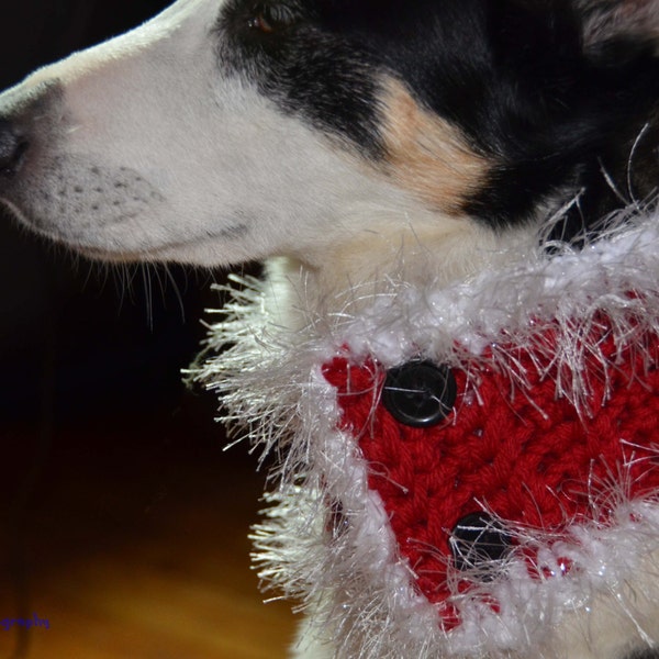 Holiday Cowl  for your Dog Crochet in Chunky Red Yarn and White Eyelash Yarn with Two Black Buttons Size Medium