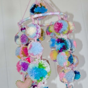 Nursery Pom Pom Mobile with Hearts - 24 Pom Poms - 4 Wool Hearts -  3 Tassels   Measures 24 Long Ring Measures 8&quot; Across