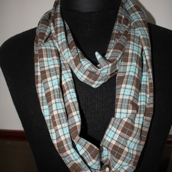 Brown and Blue Check  Infinity Scarf Cotton Loop Scarf -Eternity Scarf- Measures  64 inches  8 inches wide  OOAK for Her >FREE SHIPPING<