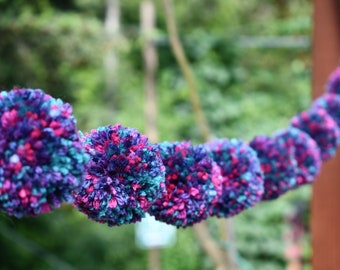 Large Pom Pom Garland  Party Pom Pom Garland  / Nursery Garland / 10 Pompoms 2 1/2 Inch Pom Poms Purple Pink Turquoise and Blue