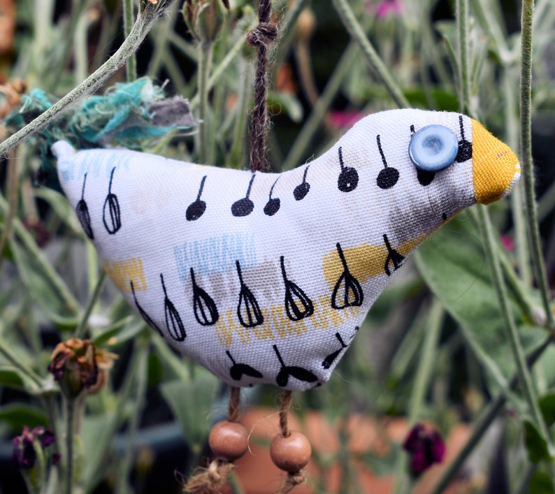 Shabby Fabric Bird Ornie Bird Orniment 6 12 x 3 Ornie Bird Bowl Filler Yellow Black Blue and White