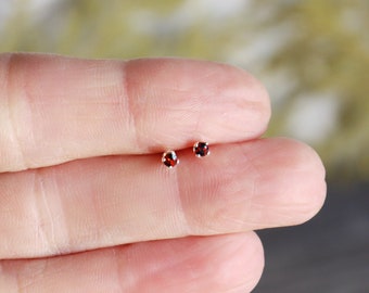 2mm Tiny Garnet Stud Earrings, Sterling Birthstone Jewelry, Dainty Earrings, Dark Red Garnet Jewelry, Minimalist Earrings, Handmade Gifts
