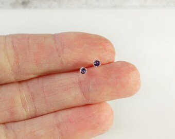 2mm Tiny Amethyst Stud Earrings Sterling Birthstone Jewelry Dainty Earrings Purple Genuine Amethyst Jewelry Everyday Earrings Handmade Gifts