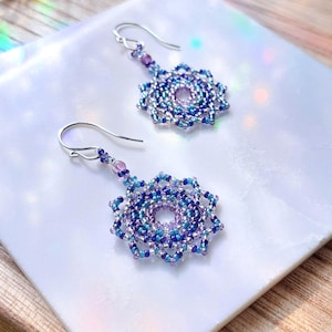 Small Beaded Purple Blue Glass Seed Bead Woven Mandala Earrings: Amethyst, Sterling Silver