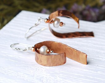 Hammered Copper and White Freshwater Pearl Boho Earrings with Handcrafted Sterling Silver Earwires, Unique Artisan Metalwork Jewelry Gift