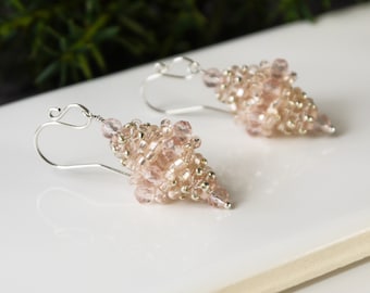 Pale Pink Glass Beadwork Earrings for Women, Sterling Silver, Chic Vintage Style Handmade Romantic Pretty Jewelry