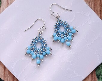 Light Blue Boho Beaded Czech Glass Earrings: Sterling Silver, Woven Beadwork Handmade