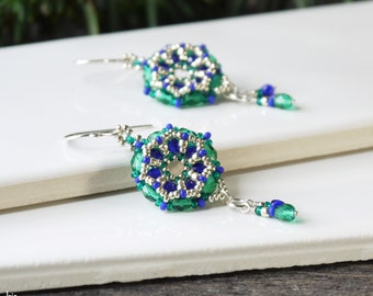 Cobalt Blue and Green Glass Beaded Sterling Silver Earrings, Czech Glass Jewelry, Unique Artisan Beadwork Accessory, Handmade Gift for Women
