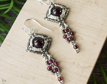 Red Garnet Beaded Gemstone Unique Earrings with Handcrafted Sterling Silver Earwires, Birthstone Jewelry Art Nouveau Style, Gift for Women