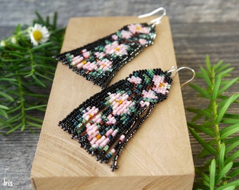 Black and Pink Flower Glass Seed Bead Fringe Earrings, Bohemian Floral Jewelry, Sterling Silver, 3 inch