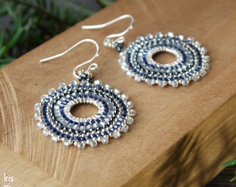 Blue Glass Earrings, Seed Bead Hoop Earrings, Blue Bohemian Earrings, Boho Jewelry, Sterling Silver Handcrafted Unique Gifts for Women