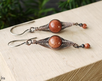 Brown Goldstone Copper Wire Herringbone Dangle Handmade Earrings with Oxidized Sterling Silver Earwires - Boho Jewelry Gift for Her