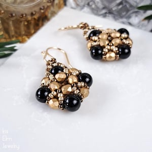 Black Onyx and Gold Czech Glass Beaded Earrings with Handcrafted 14k Goldfilled Earwires, Beadwork Boho Jewelry, Unique Gifts Handmade