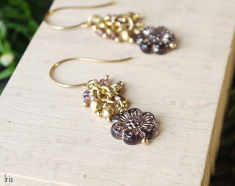 Purple and Gold Czech Glass Flower Dangle Cluster Bead Earrings, 14k Goldfilled Earwires, Handmade Nature Jewelry, Handcrafted Gift Idea