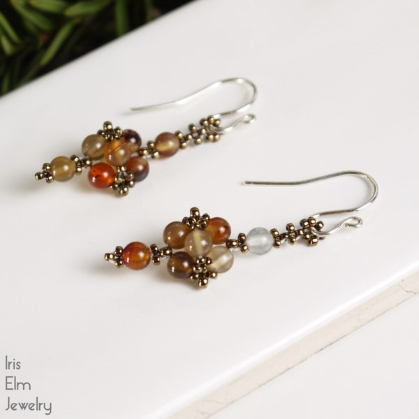 Small Brown Agate Beaded Earrings, Sterling Silver, Beadwork Gemstone Handmade Jewelry Lightweight Stone, Unique Gifts for Her