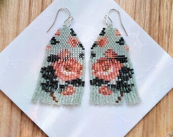Mint Green Beaded Rose Fringe Earrings: Handwoven Sterling Silver Floral Jewelry