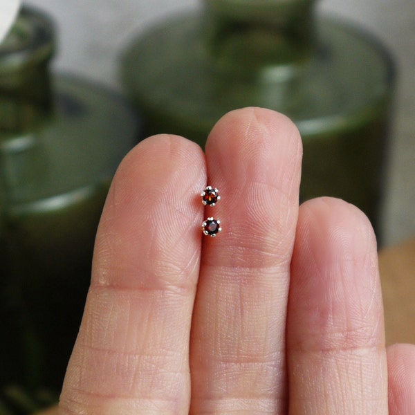 2mm Tiny Garnet Stud Earrings, Sterling Birthstone Jewelry, Dainty Earrings, Dark Red Garnet Jewelry, Minimalist Earrings, Handmade Gifts